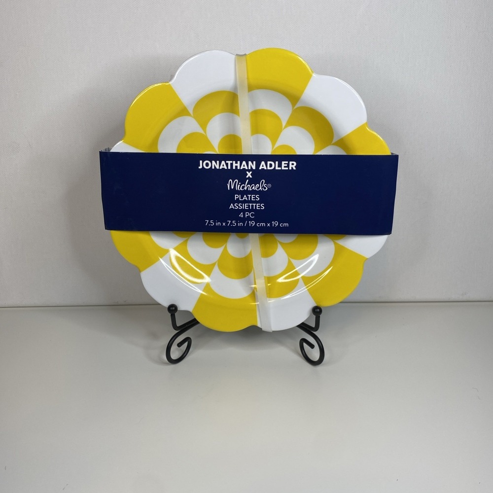 Jonathan Adler X Michaels Melamine 7.5 " Plates NEW NWT Yellow & White Set 4